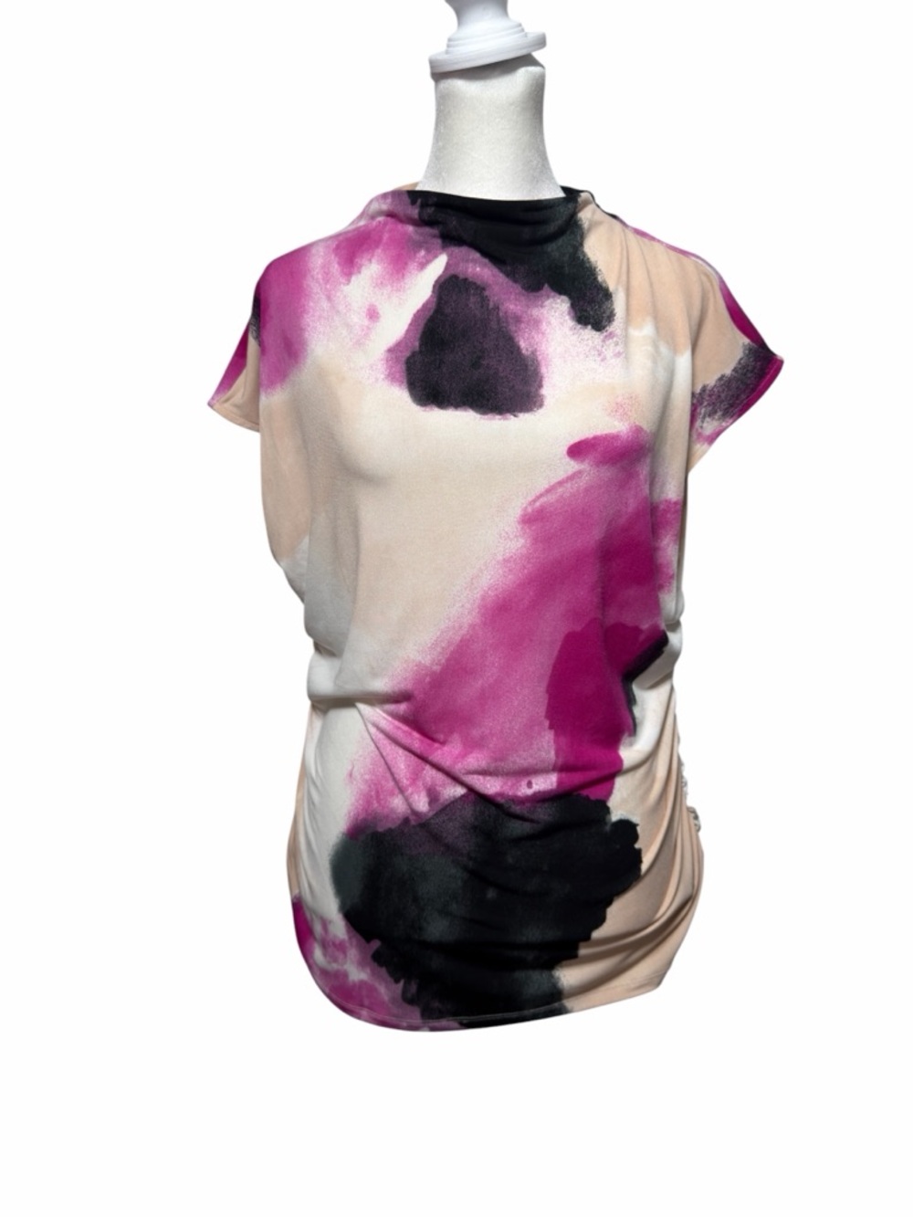 DKNY Abstract Watercolor Print Top Cap Sleeve Side Ruched Blush Magenta XL